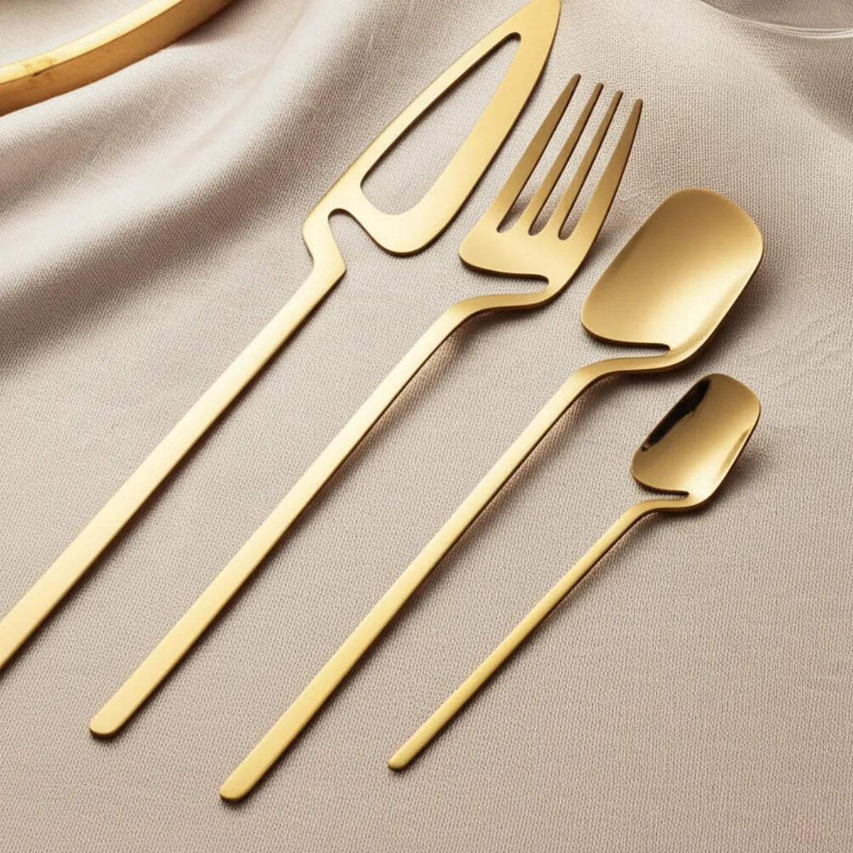 jogo-de-talheres-em-inox-linha-luxo-dourado-32-pecas-modernize-foto-talheres-em-toalha-de-mesa-moderna-branca-ambiente-claro