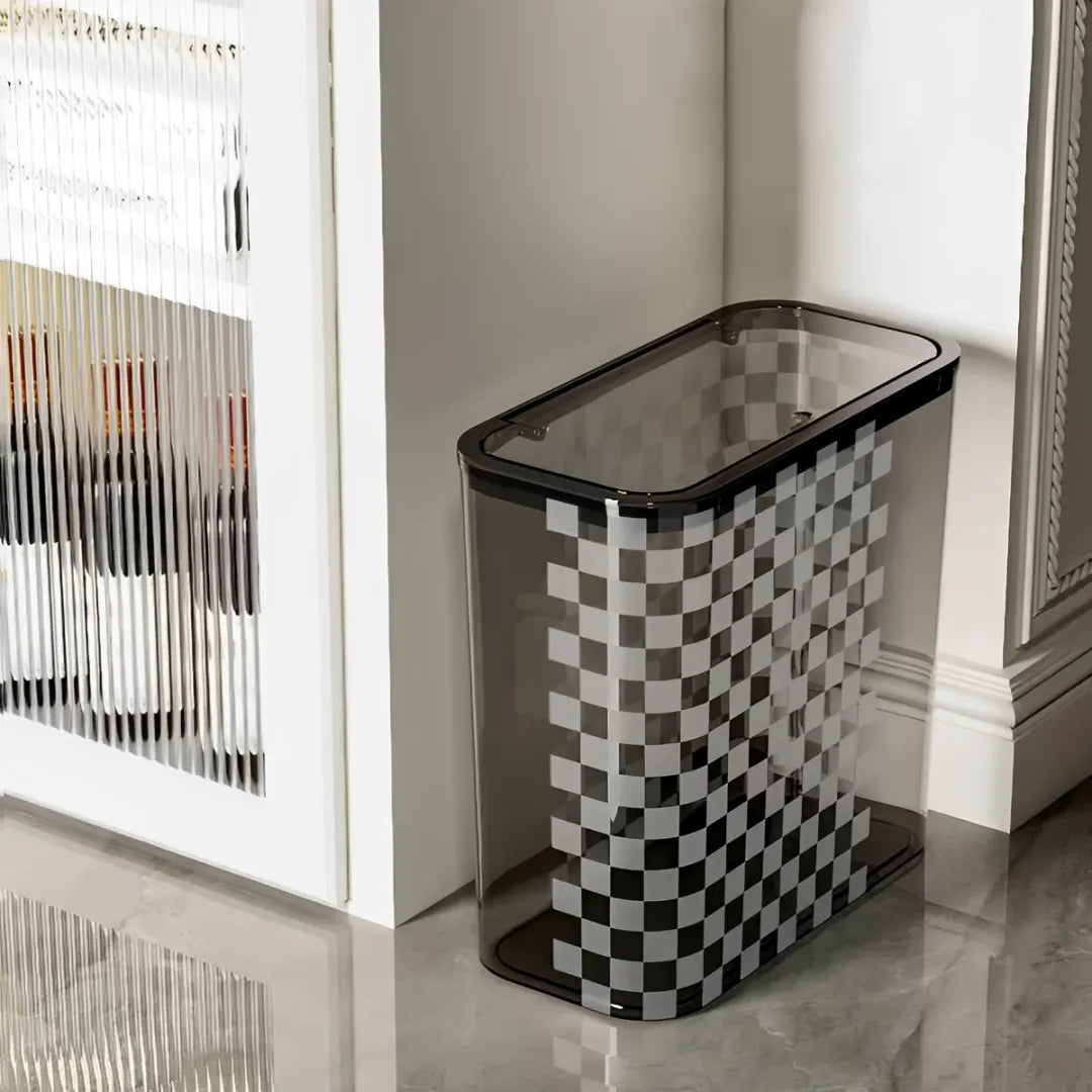 lixeira-para-banheiro-e-cozinha-quadriculada-14l-preta-modernize-foto-lixeira-quadriculada-preta-do-lado-de-armário-branco-moderno