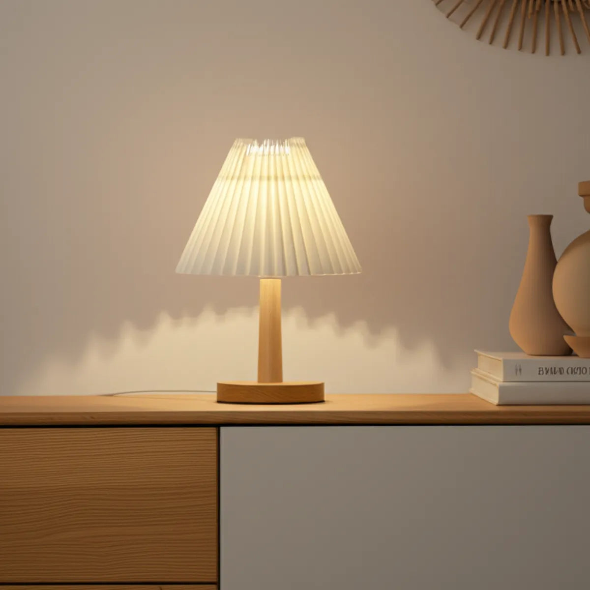 luminaria-abajur-de-mesa-de-madeira-japandi-modernize-foto-abajur-branco-de-madeira-em-mesa-de-madeira-com-vasosapandi