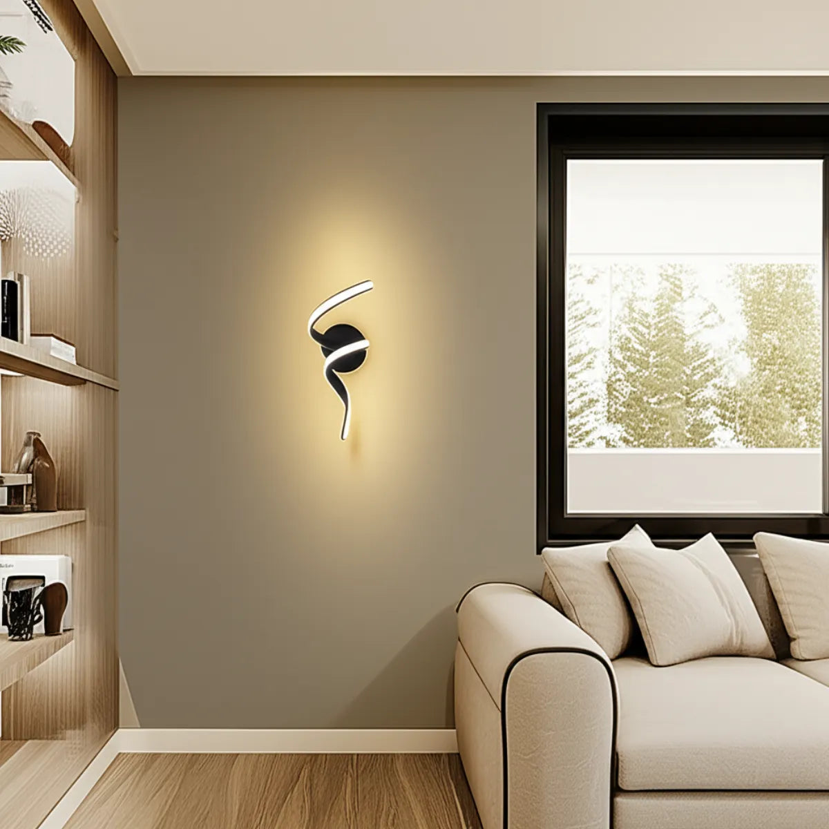 luminaria-de-parede-arandela-led-laco-preta-modernize-foto-frontal-luminaria-preta-em-forma-de-laço-acesa-fixada-em-parede-de-sala-moderna