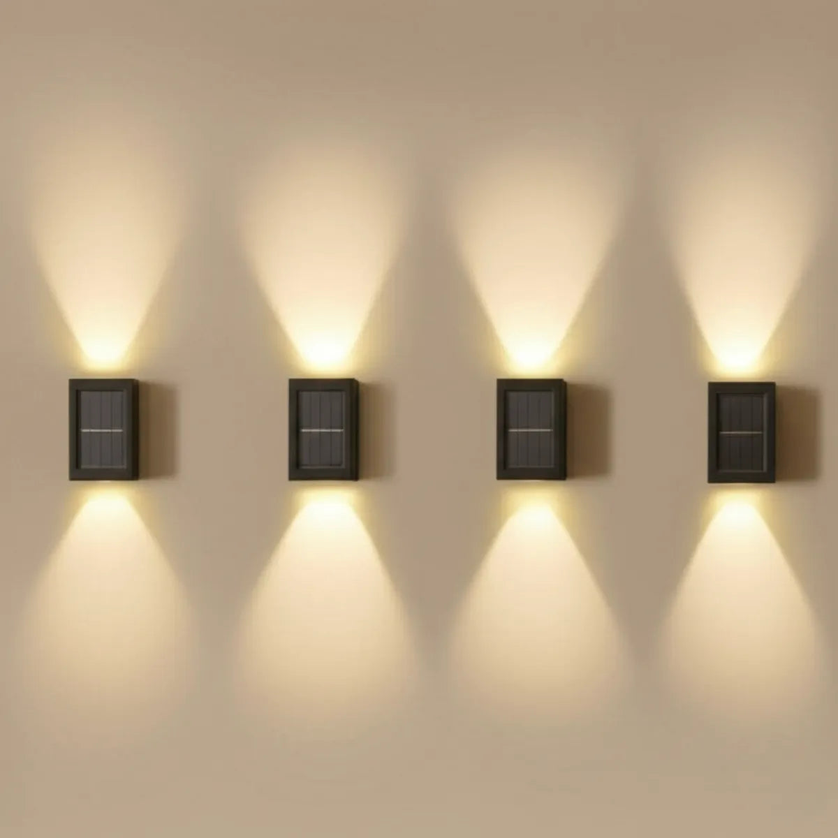 Luminaria-de-parede-conjunto-arandela-externa-led-solar-modernize-foto-frente-arandelas-iluminando-ambiente-bege-neutro