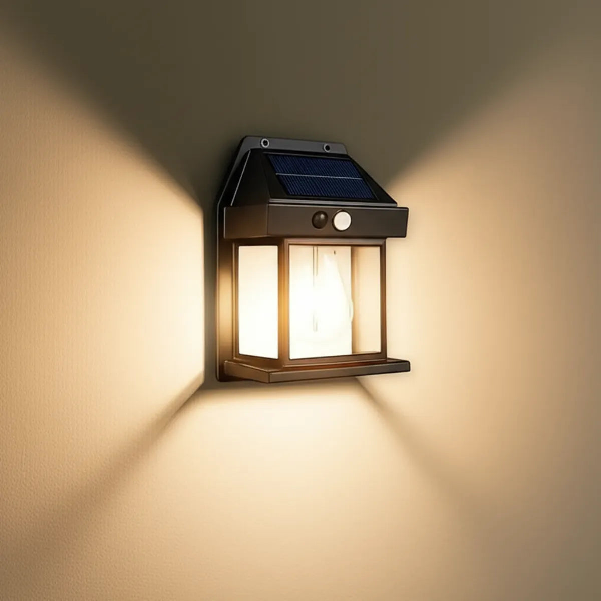 luminaria-de-parede-dupla-arandela-externa-led-solar-old-modernize-foto-frente-arandela-iluminando-ambiente-bege-neutro-escuro