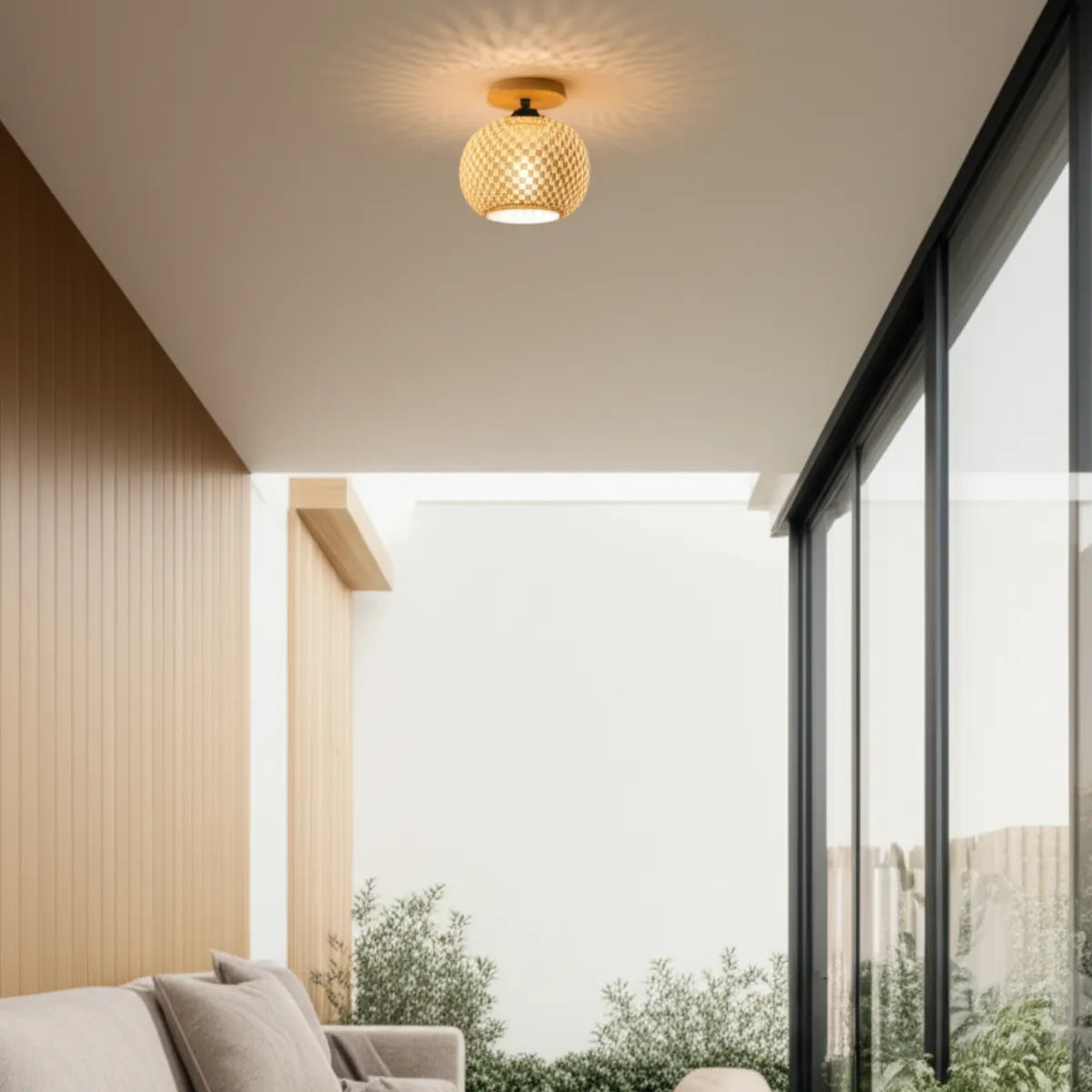 luminaria-de-teto-bambu-artesanal-modernize-foto-luminaria-de-bambu-em-lugar-arejado-luz-do-sol