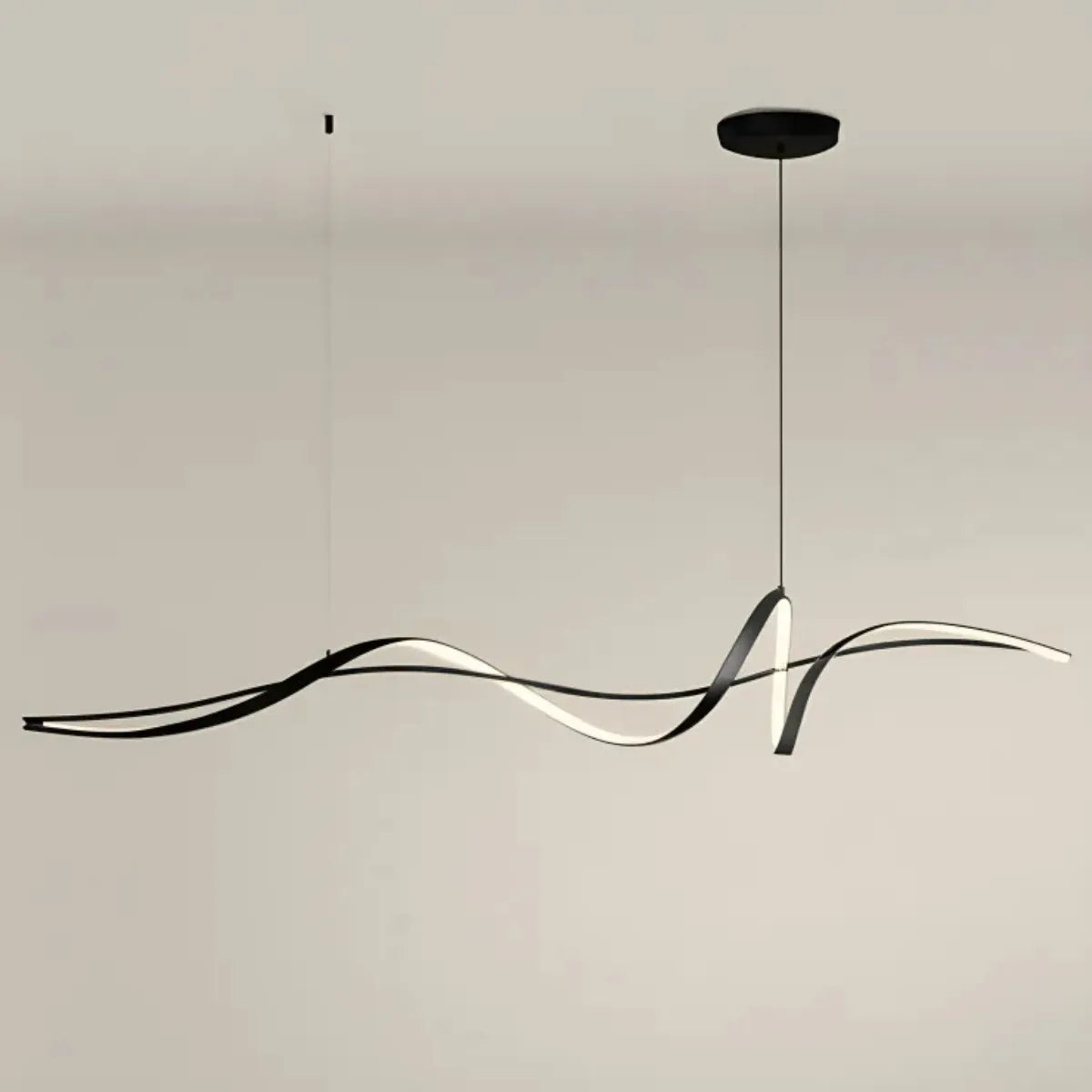 luminaria-de-teto-lustre-pendente-led-curvilineo-modernize-foto-frente-lustre-iluminando-ambiente-neutro-bege