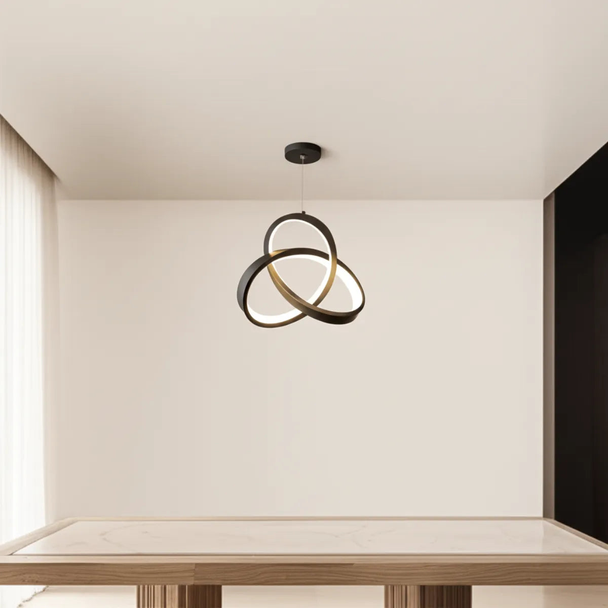 luminaria-de-teto-lustre-pendente-led-eternity-preto-modernize-foto-frente-luminaria-iluminando-ambiente-sofisticado-neutro-bege-aluminio-acrilico