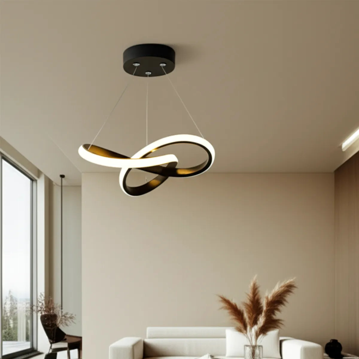 luminaria-de-teto-lustre-pendente-led-nordico-modernize-foto-frente-luminaria-inteira-iluminando-ambiente-minimalista-neutro-bege