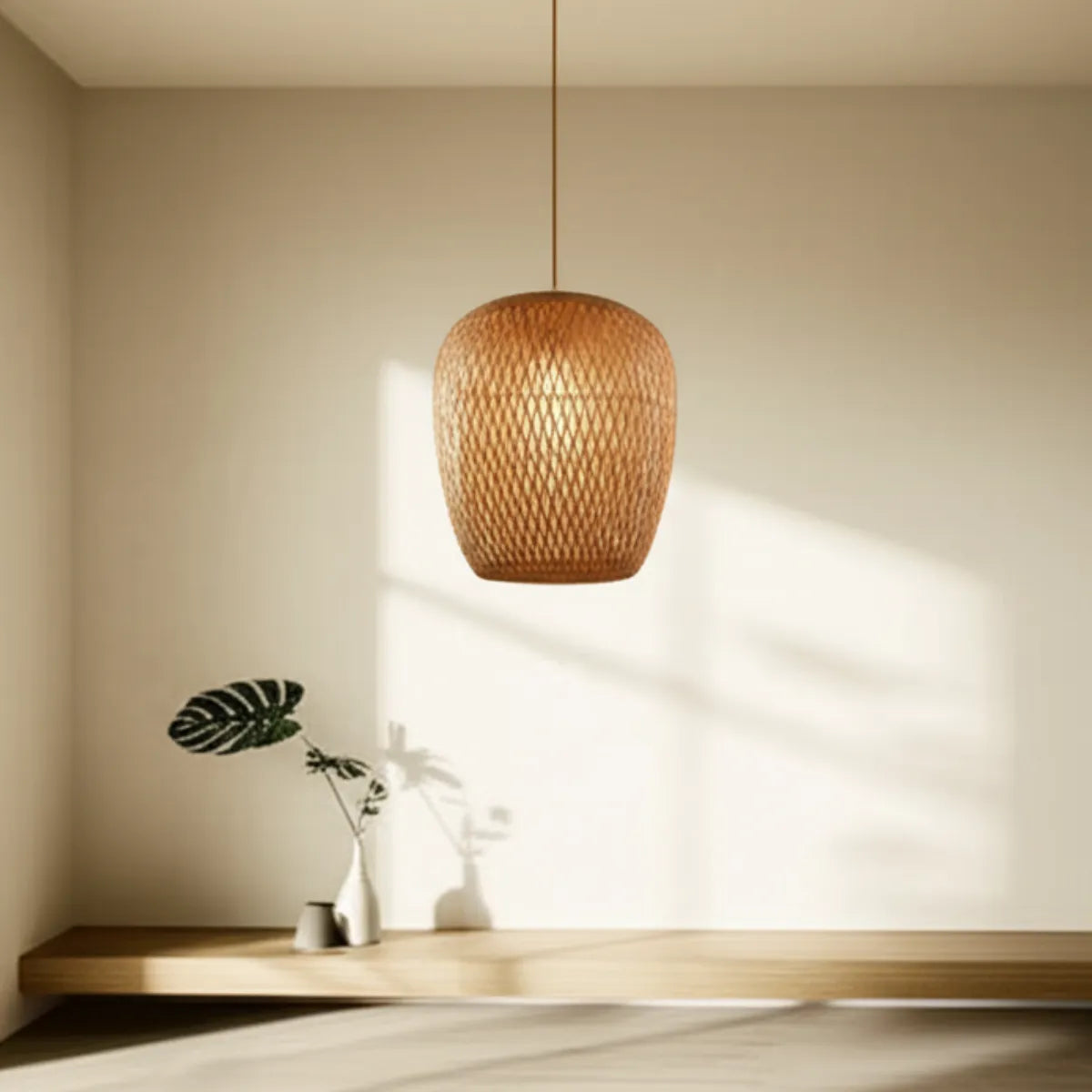 luminaria-de-teto-pendente-bambu-colmeia-modernize-foto-luminaria-de-bambu-em-sala-minimalista