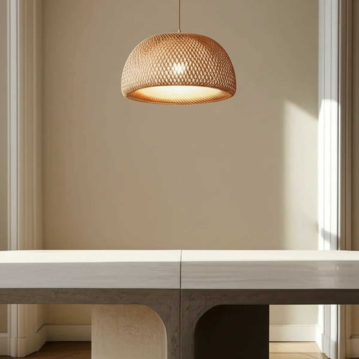luminaria-de-teto-pendente-bambu-concavo-modernize-foto-frente-luminaria-em-ambiente-sofisticado-minimalista-neutro-bege