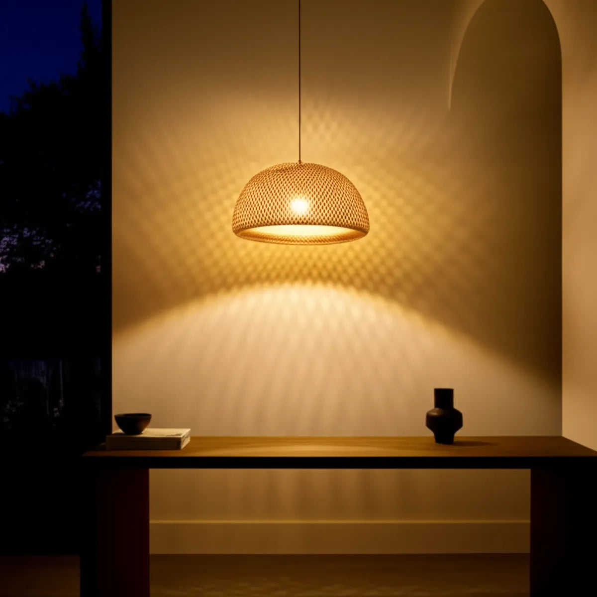 luminaria-de-teto-pendente-bambu-concavo-modernize-foto-frente-luminaria-em-ambiente-moderno-iluminando-noite