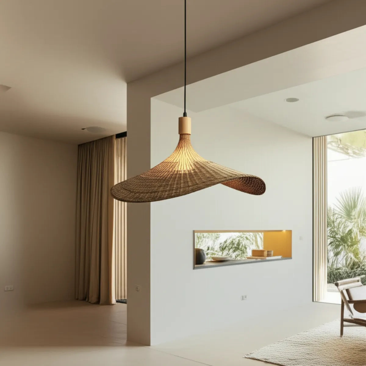 luminaria-de-teto-pendente-bambu-petala-modernize-foto-frente-luminaria-em-ambiente-sofisticado-neutro-bege