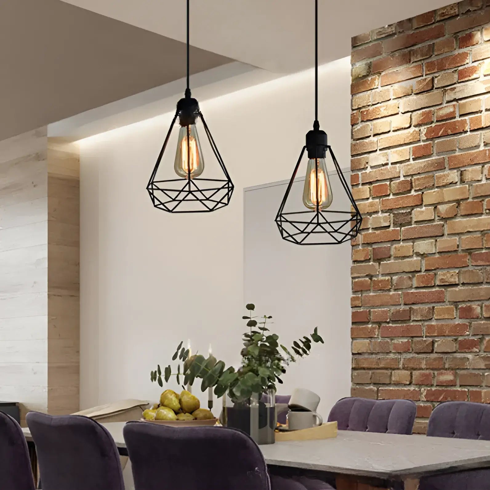 pendente-dupla-retro-preto-modernize-foto-frente-pendurados-iluminando-sala-de-jantar-aço