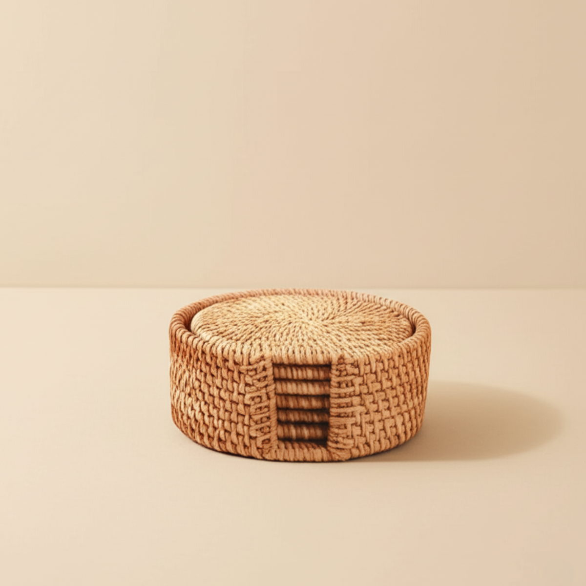 porta-copo-para-mesa-posta-de-rattan-artesanal-6-pecas-modernize-foto-porta-copos-em-ambiente-claro-fundo-bege