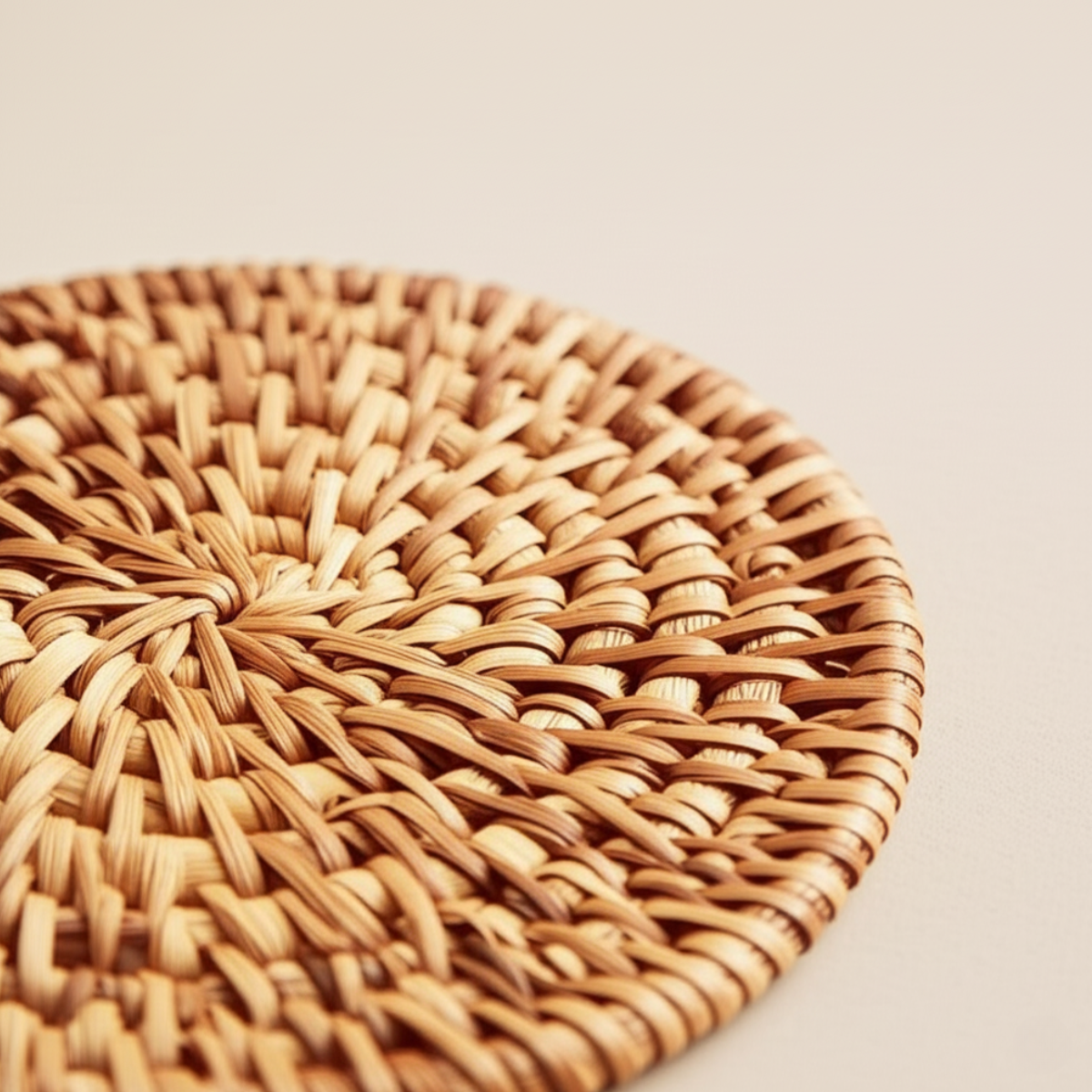 porta-copo-para-mesa-posta-de-rattan-artesanal-6-pecas-modernize-foto-detalhe-porta-copo-em-ambiente-claro-fundo-bege