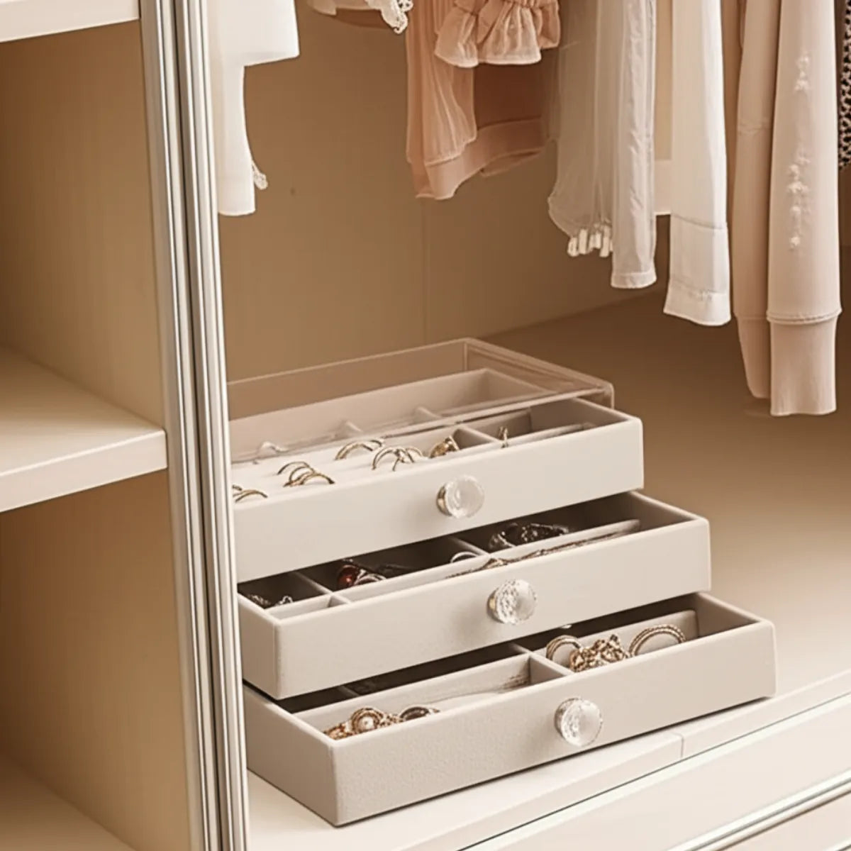 porta-joias-acrilico-de-luxo-com-3-gavetas-modernize-foto-porta-joias-com-gavetas-aberto-em-guarda-roupa-bege-com-roupas