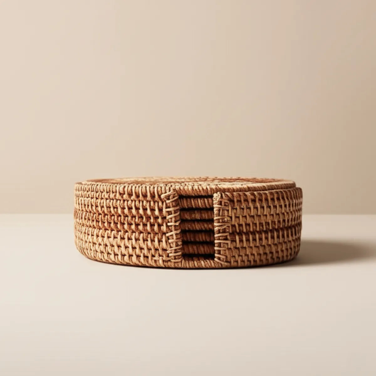 sousplat-para-mesa-posta-de-rattan-artesanal-6-pecas-modernize-foto-sousplats-em-fundo-bege-ambiente-claro