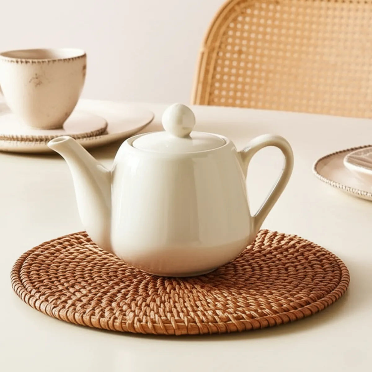 sousplat-para-mesa-posta-de-rattan-artesanal-6-pecas-modernize-foto-sousplat-em-mesa-posta-cha-da-tarde-apoiando-chaleira-ambiente-claro