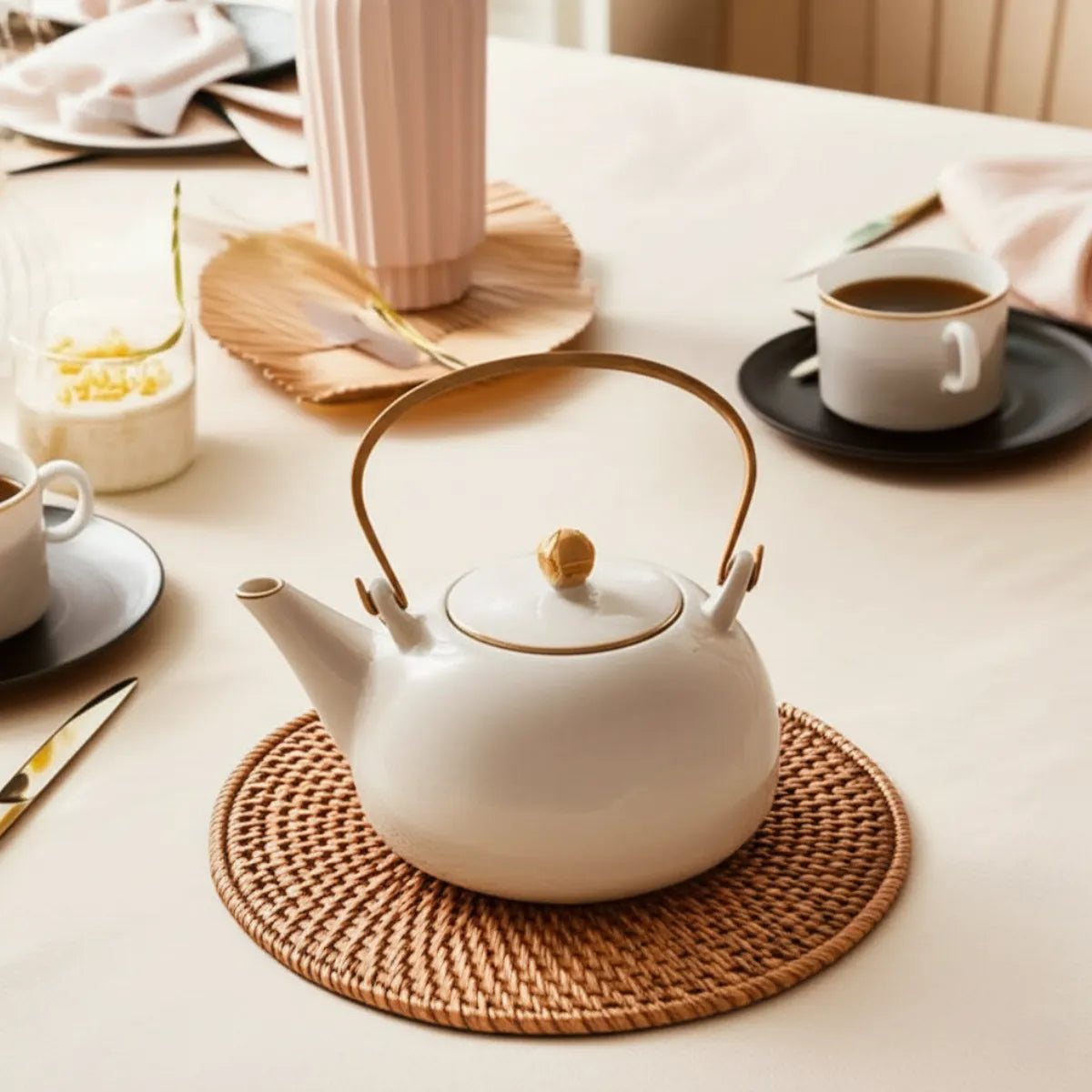 sousplat-para-mesa-posta-de-rattan-artesanal-6-pecas-modernize-foto-sousplat-em-mesa-posta-sofisticada-cha-da-tarde-apoiando-chaleira-ambiente-claro