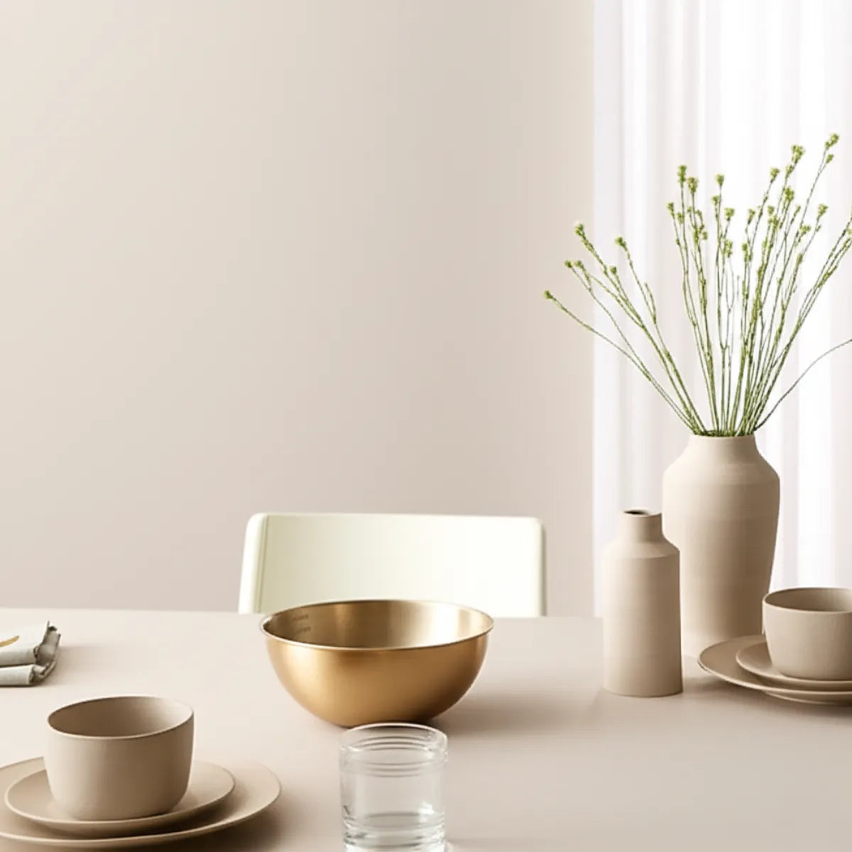 tigela-bowl-em-inox-grande-dourada-modernize-foto-tigela-em-mesa-de-jantar-minimalista