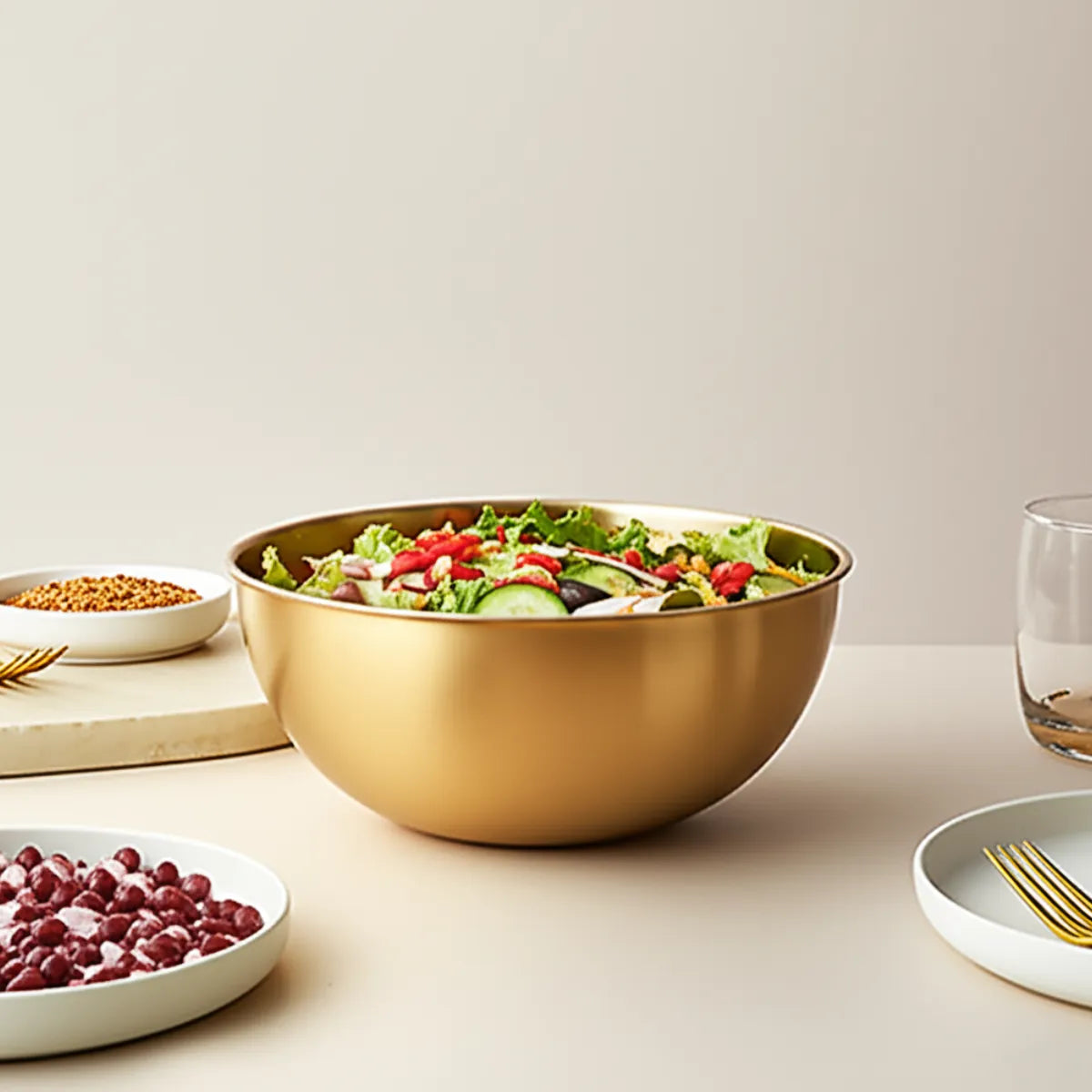 tigela-bowl-em-inox-grande-dourada-modernize-foto-tigela-com-salada-em-mesa-de-jantar-branca