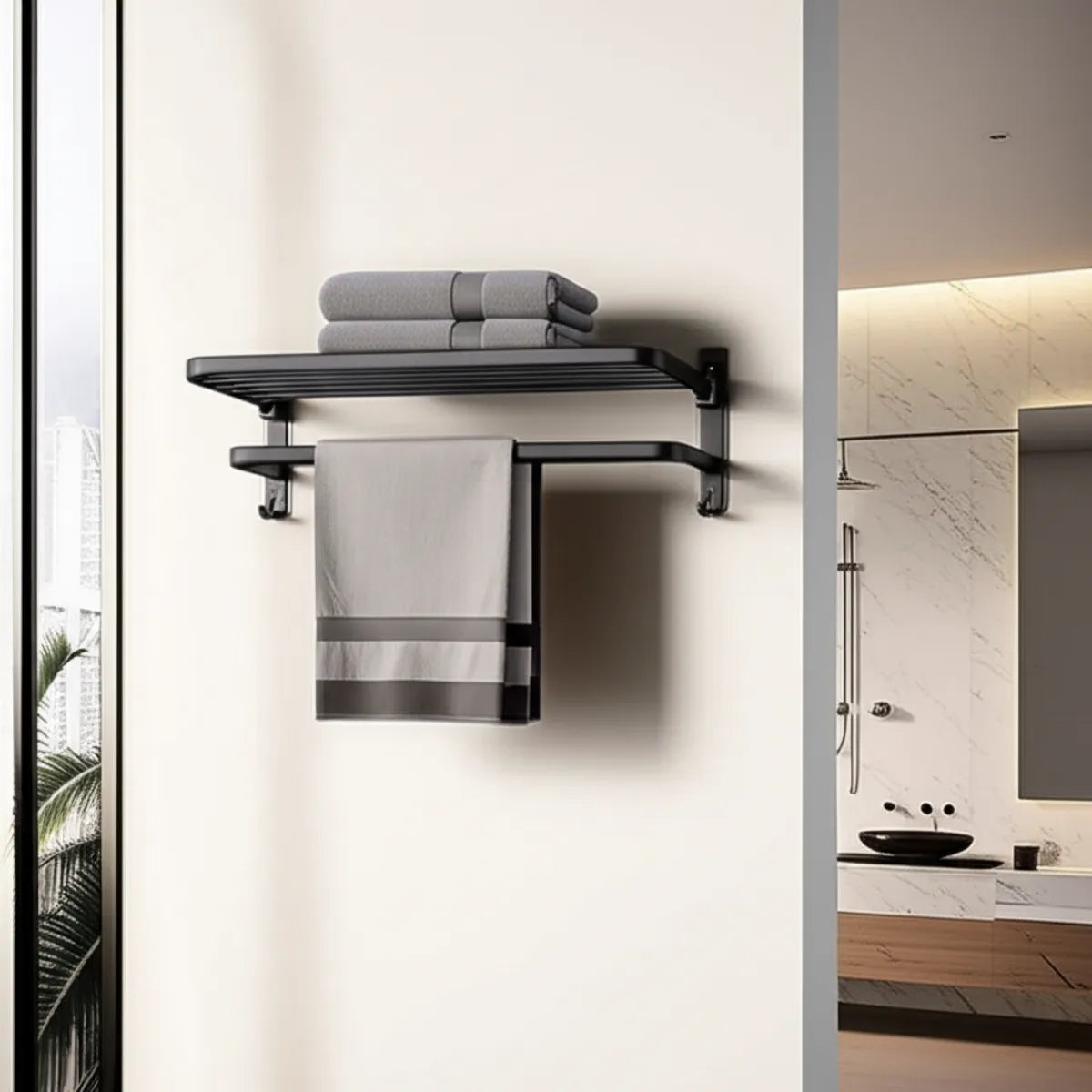 toalheiro-para-banheiro-duplo-retratil-preto-modernize-foto-toalheiro-inox-em-parede-branca-banheiro-moderno-ambiente-claro