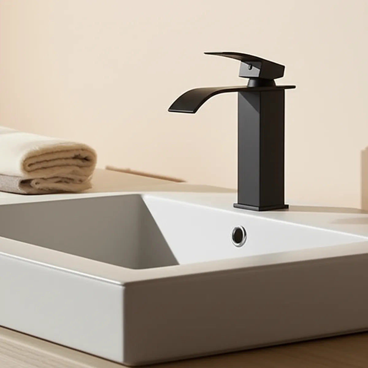 torneira-para-banheiro-gourmet-cascatta-preta-modernize-foto-torneira-preta-cascata-em-pia-branca-com-toalha-e-parede-bege