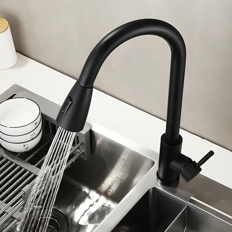 torneira-para-cozinha-gourmet-monocomando-extensivel-preta-modernize-foto-de-cima-torneira-ligada-jato-pia