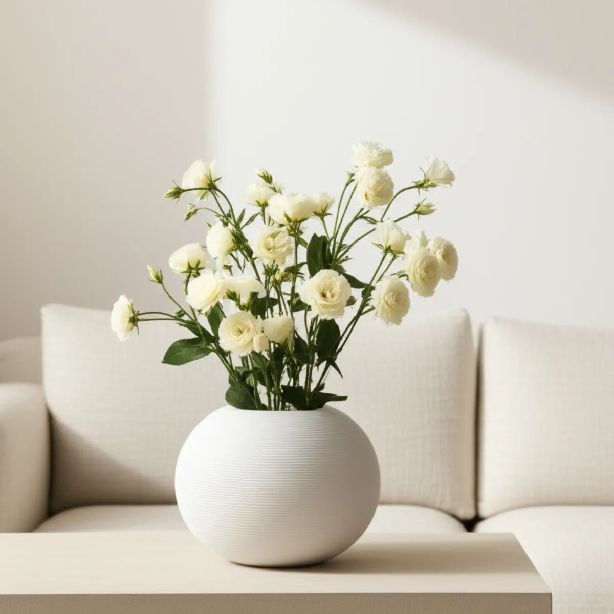 vaso-decorativo-de-ceramica-para-mesa-branco-esferico-modernize-foto-vaso-de-ceramica-com-flores-brancas-em-sala-de-estar