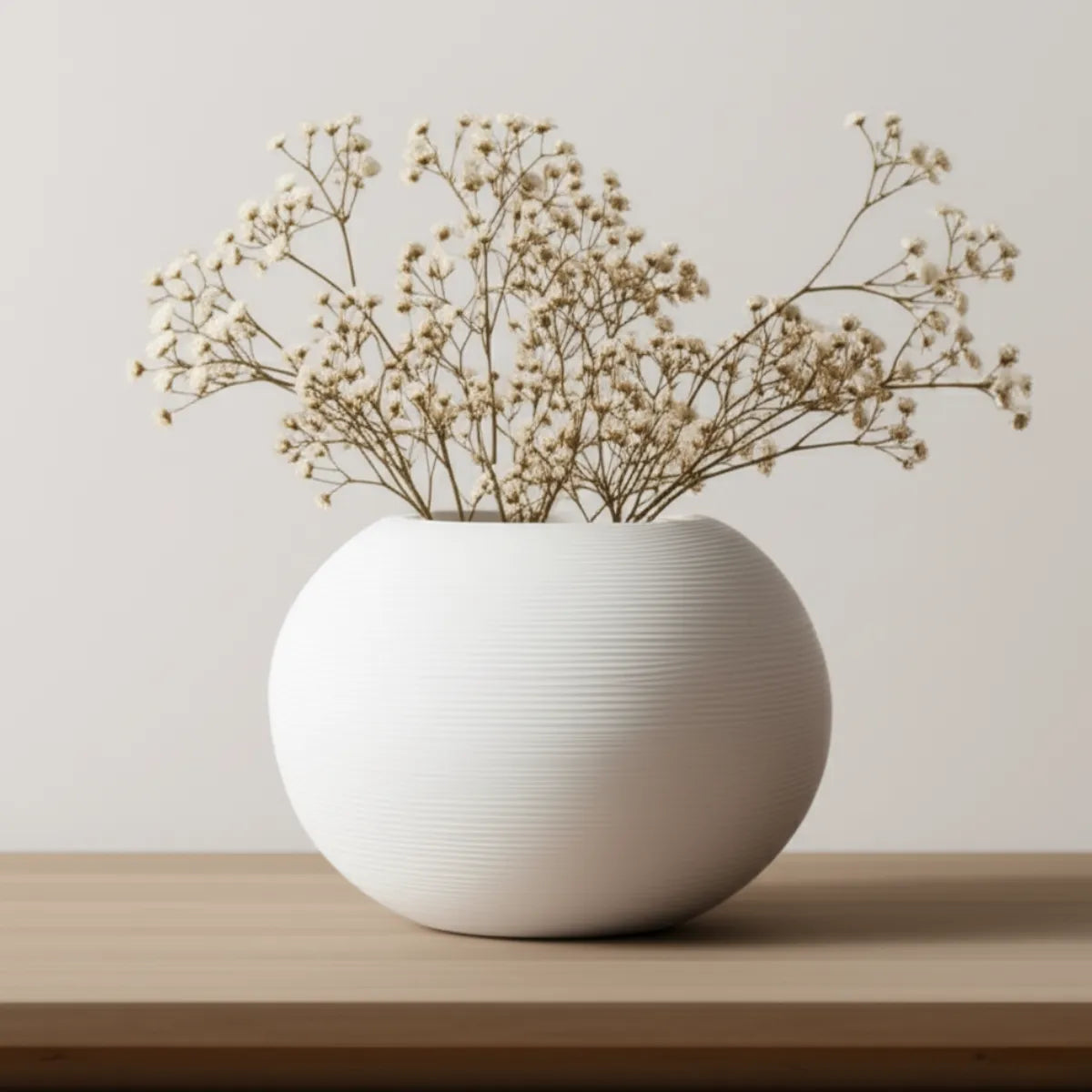 vaso-decorativo-de-ceramica-para-mesa-branco-esferico-modernize-foto-vaso-de-ceramica-com-folhas-em-mesa-de-madeira