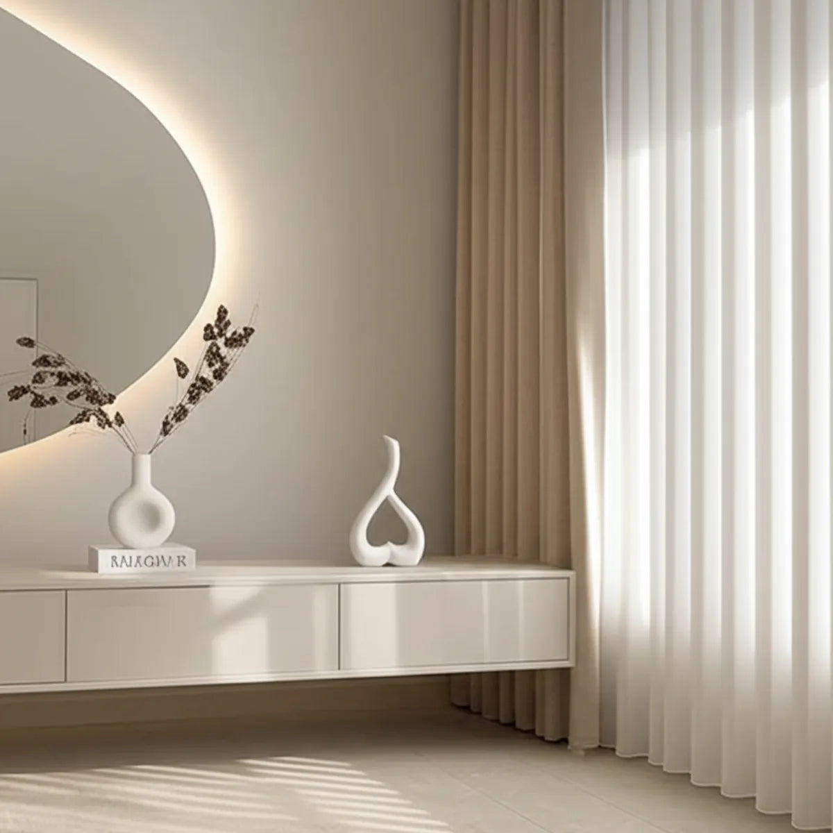 vaso-decorativo-de-ceramica-para-mesa-branco-heart-modernize-foto-vaso-em-sala-sofisticada-com-espelho-ambiente-tons-beges