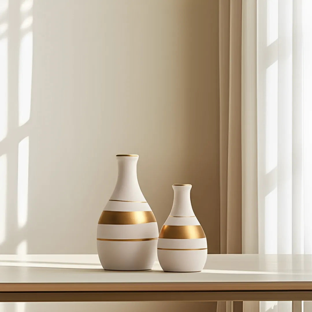 vaso-decorativo-de-ceramica-para-mesa-branco-trio-portofino-modernize-foto-distante-2-vasos-em-mesa-moderna