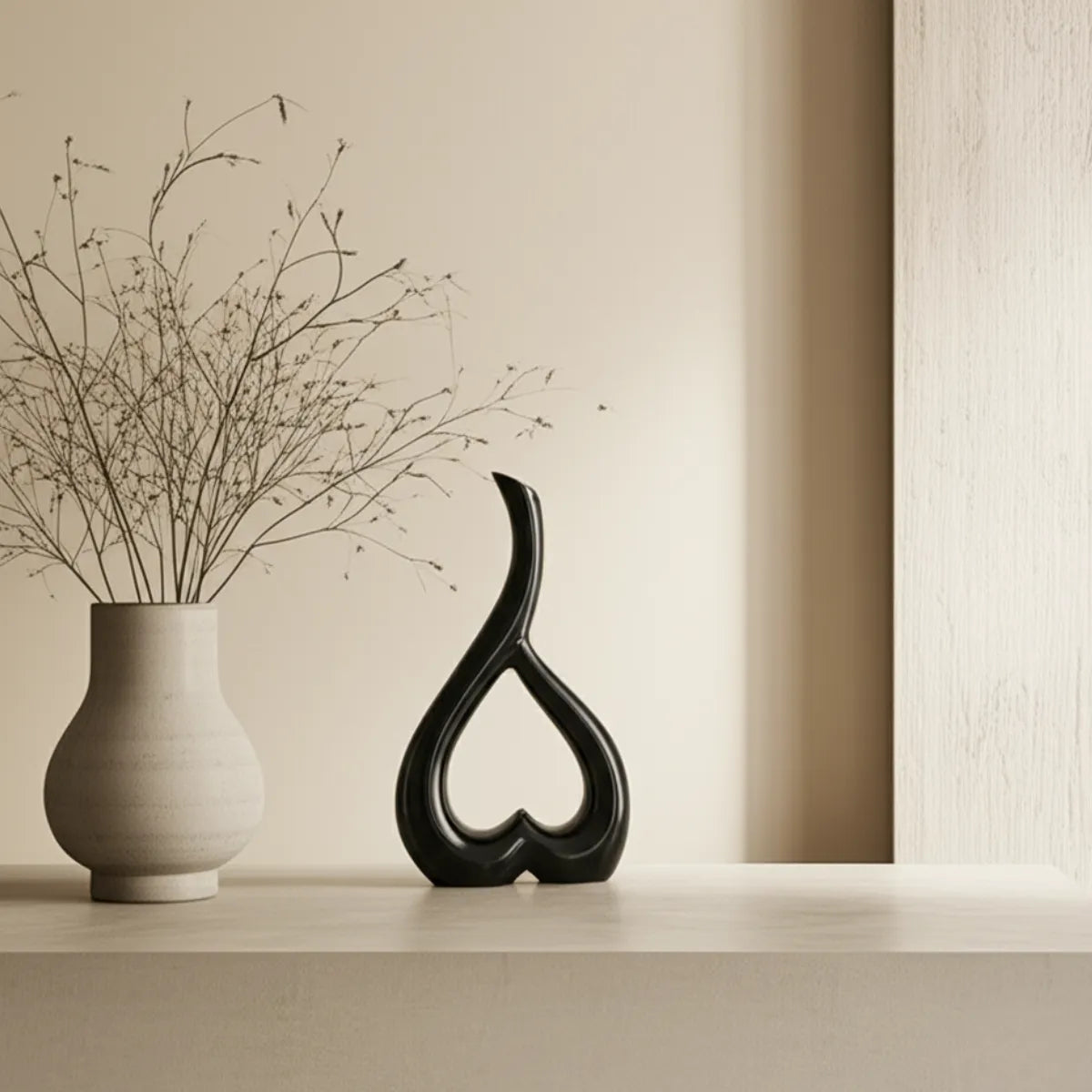 vaso-decorativo-de-ceramica-para-mesa-preto-heart-modernize-foto-vaso-em-balcao-ambiente-claro-arejado-tons-beges