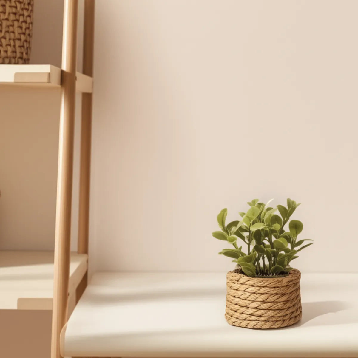 vaso-decorativo-para-mesa-planta-artificial-tecido-a-mao-modernize-foto-vaso-em-mesa-ambiente-bege-claro-arejado