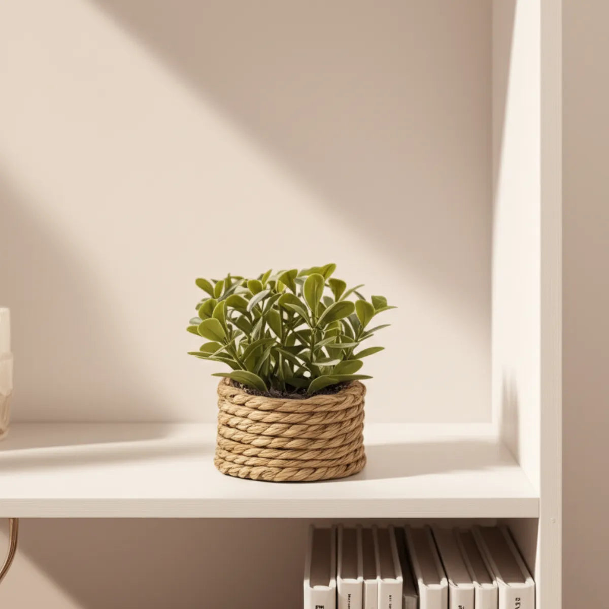 vaso-decorativo-para-mesa-planta-artificial-tecido-a-mao-modernize-foto-vaso-em-estante-ambiente-branco-claro-arejado