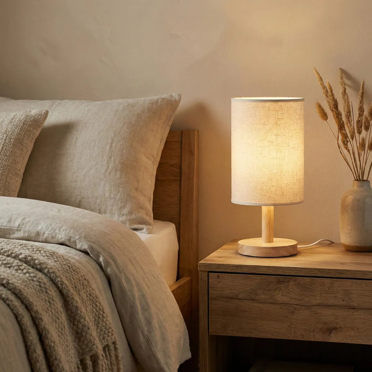 Abajur de mesa Fuste em madeira iluminando mesa de cabeceira em quarto de casal decorado com roupa de cama de linho.