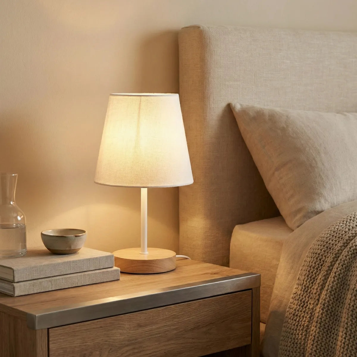 Abajur de cabeceira retrô com base de madeira iluminando quarto aconchegante com roupa de cama de linho em tons neutros.