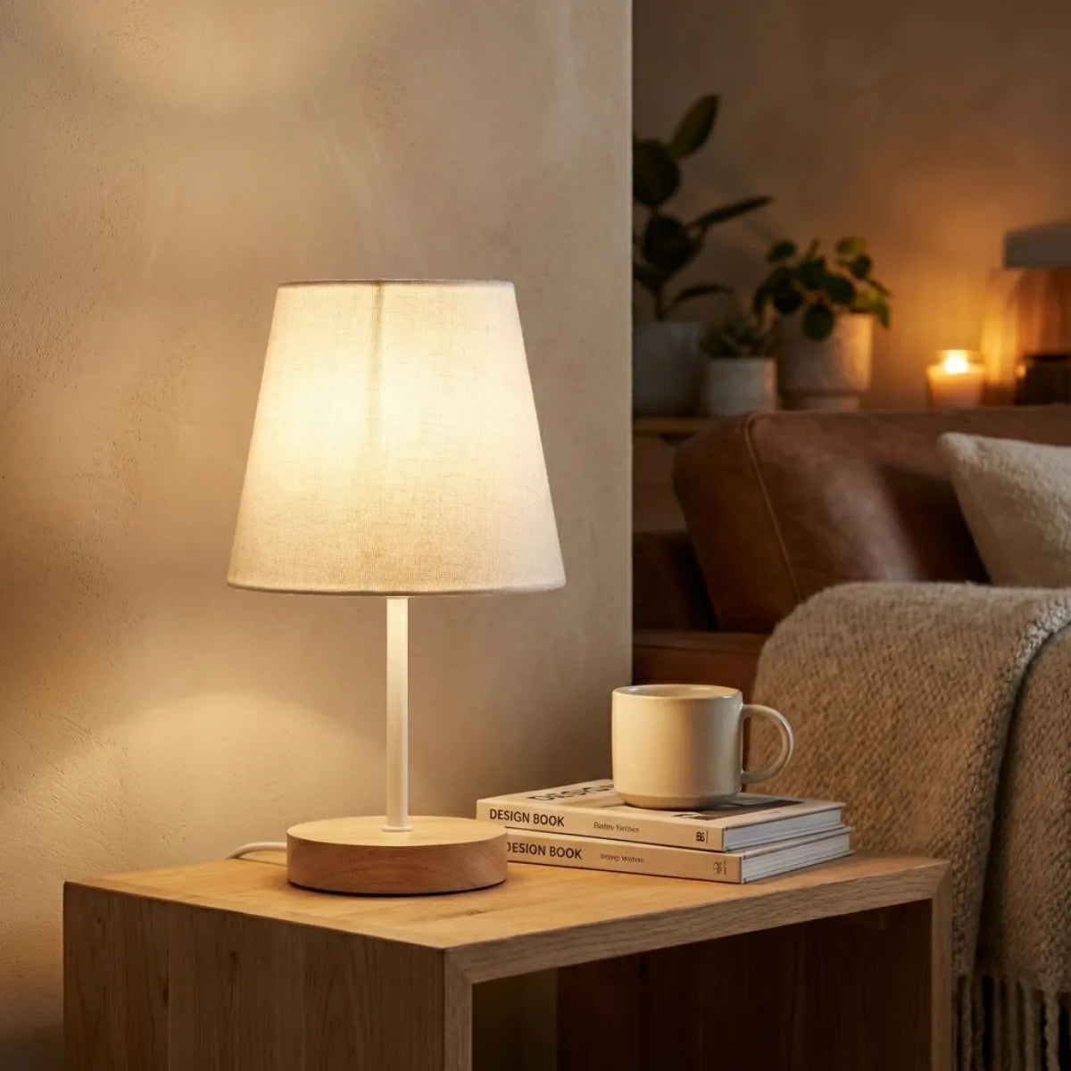 Abajur decorativo retrô em mesa lateral de madeira iluminando livros e caneca em canto de leitura ao lado de sofá de couro.