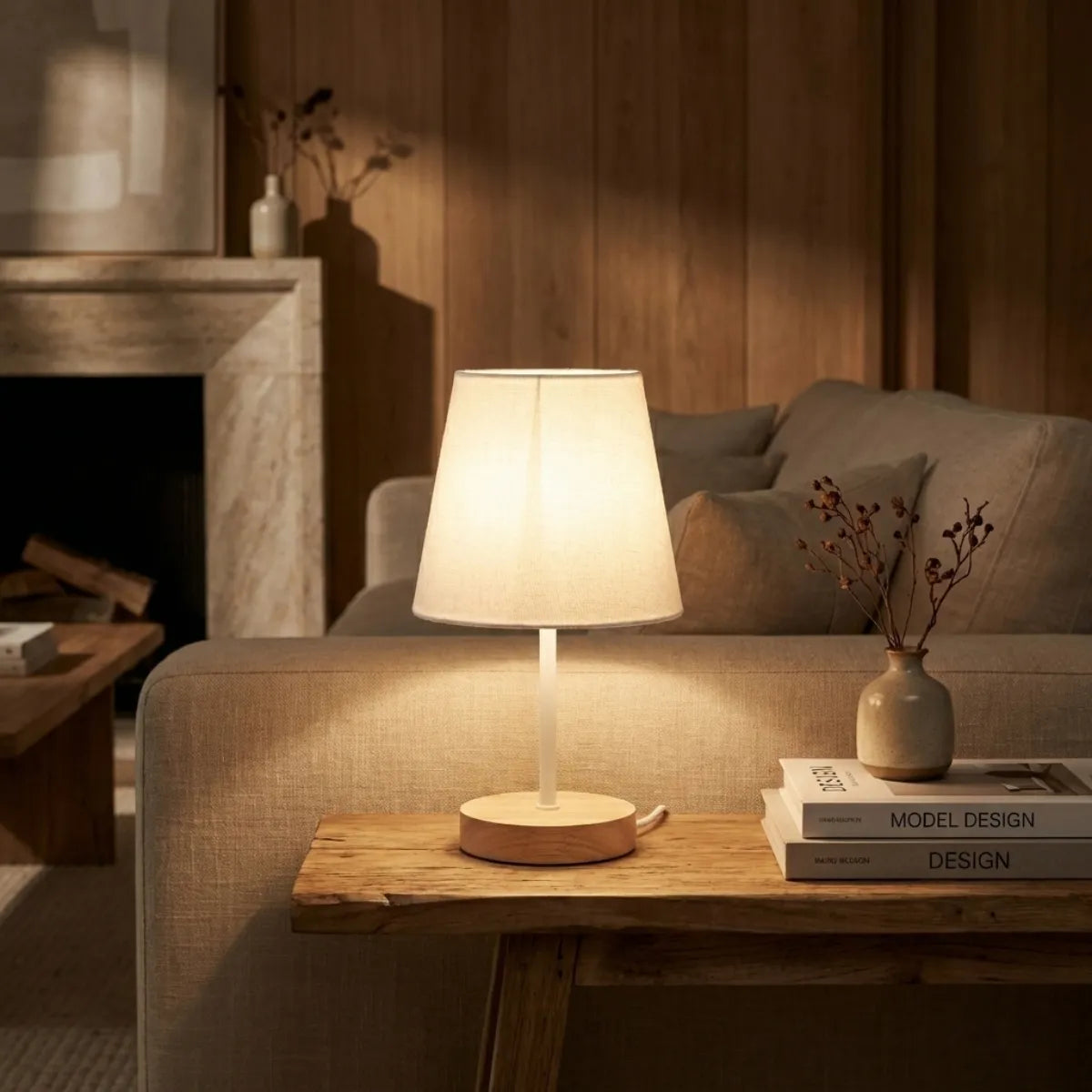 Abajur de mesa com luz quente em aparador rústico compondo decoração de sala de estar sofisticada com tons terrosos.