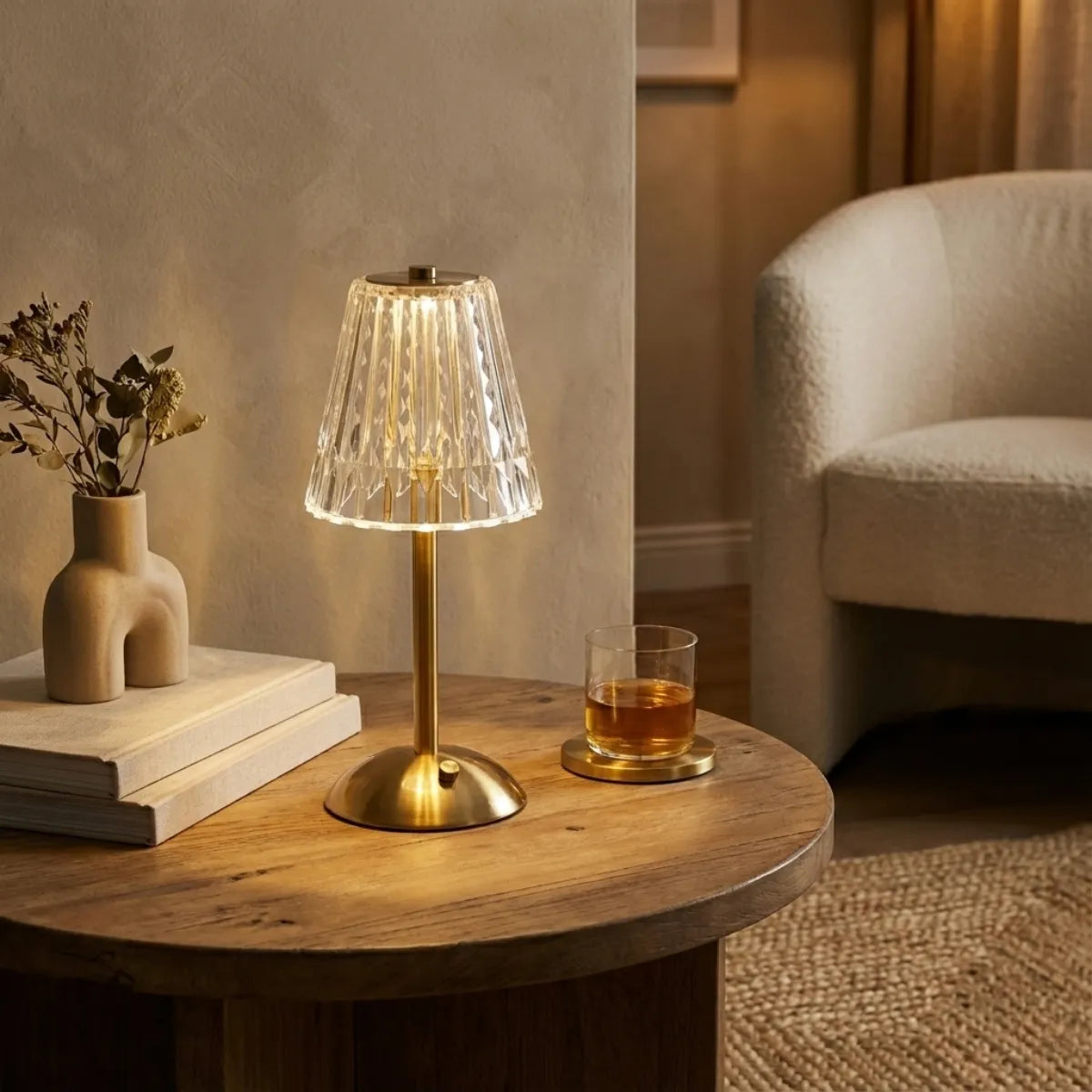 Abajur de mesa portátil dourado criando clima intimista sobre mesa lateral de madeira, acompanhando drink em momento de relaxamento na sala.