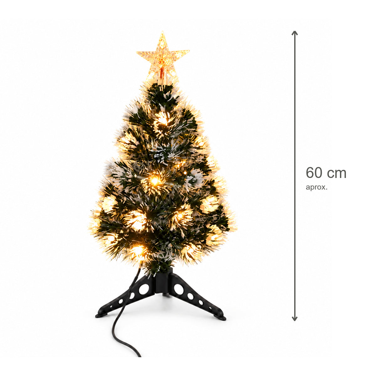 Árvore de Natal Pequena Iluminada Base Tripé em fundo branco, com seta vertical indicando aproximadamente 60 cm de altura