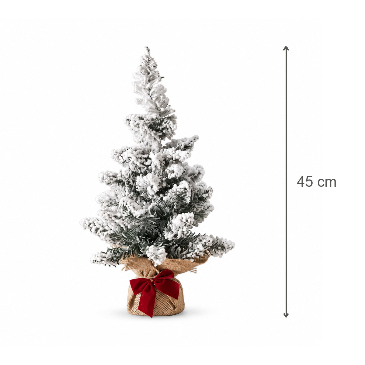 Árvore de Natal Pequena Nevada Base de Juta em fundo branco, com seta vertical indicando 45 cm de altura