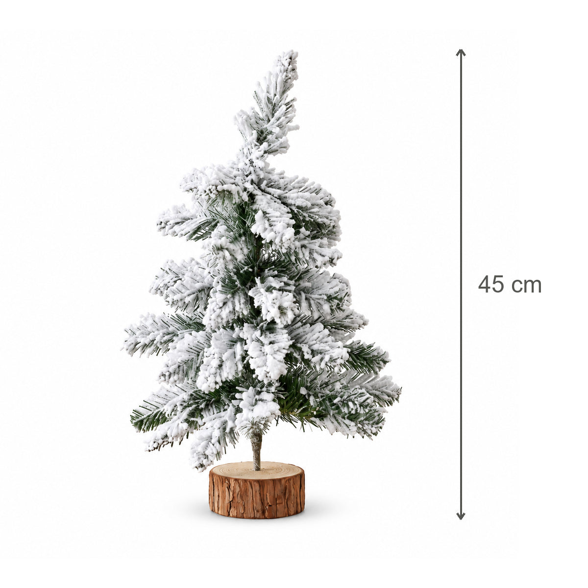 Árvore de Natal Pequena Nevada Base de Madeira em fundo branco, com seta vertical indicando 45 cm de altura