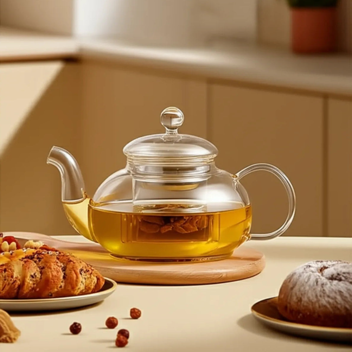bule-chaleira-de-vidro-com-infusor-modernize-foto-chaleira-de-vidro-sobre-mesa-com-delicias