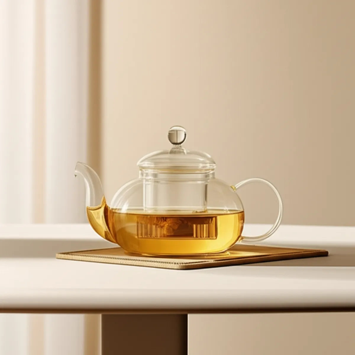 bule-chaleira-de-vidro-com-infusor-modernize-foto-chaleira-de-vidro-sobre-mesa-branca