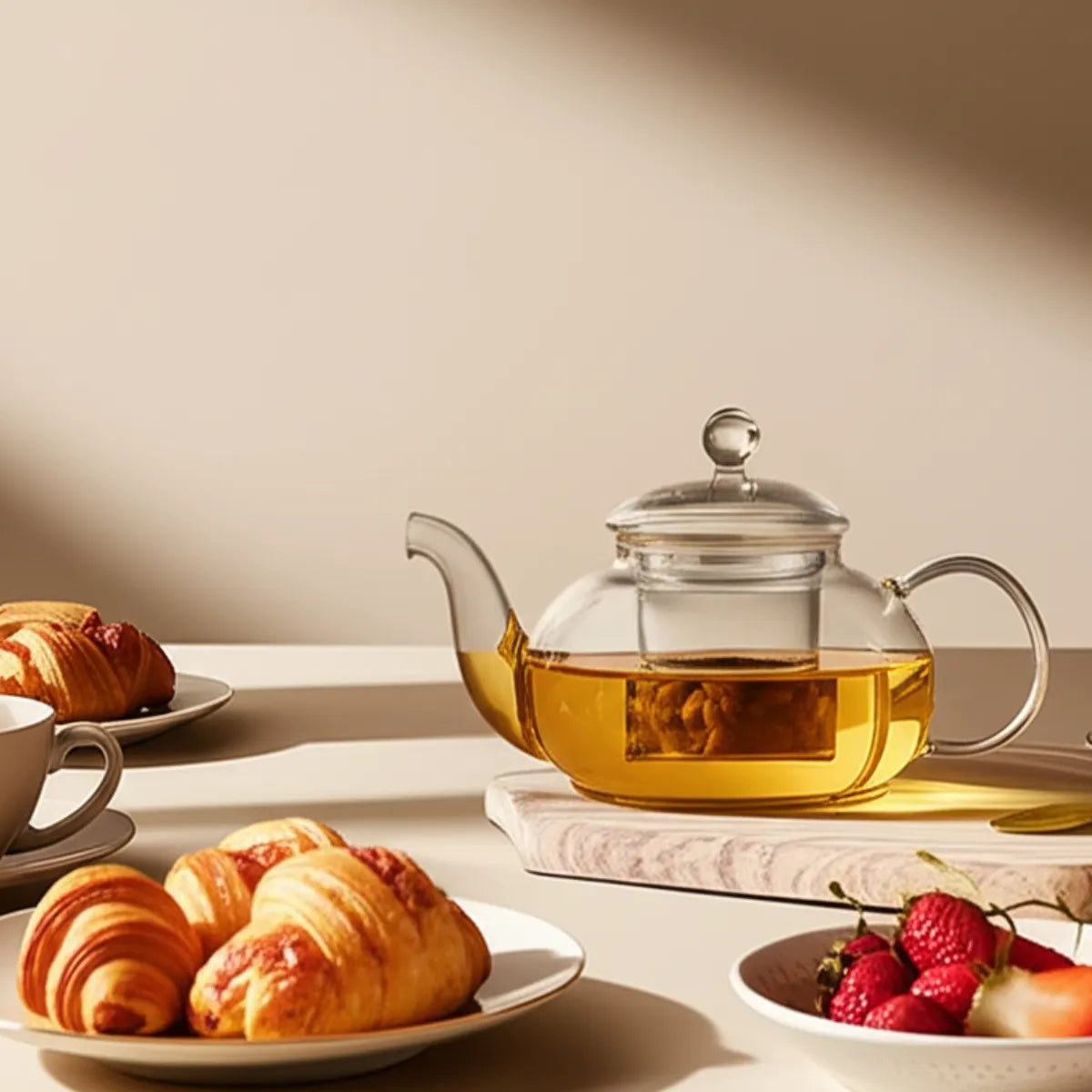 bule-chaleira-de-vidro-com-infusor-modernize-foto-chaleira-de-vidro-sobre-mesa-com-delicias-de-cafe-da-tarde