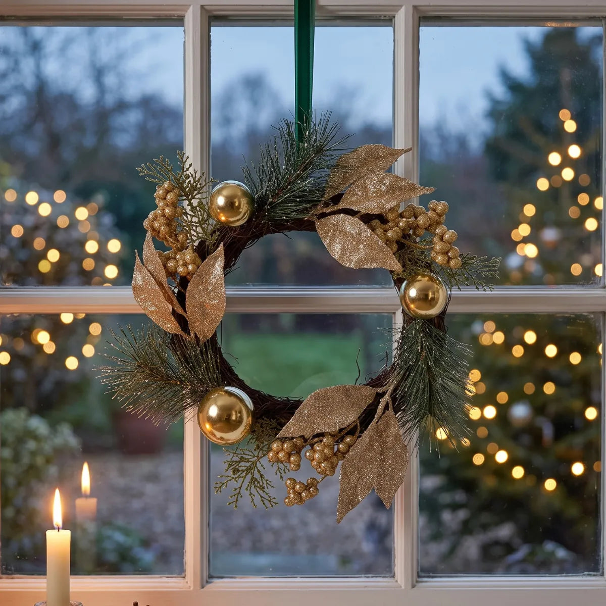 Guirlanda com folhas e bagas douradas pendurada em janela decorada com velas à noite