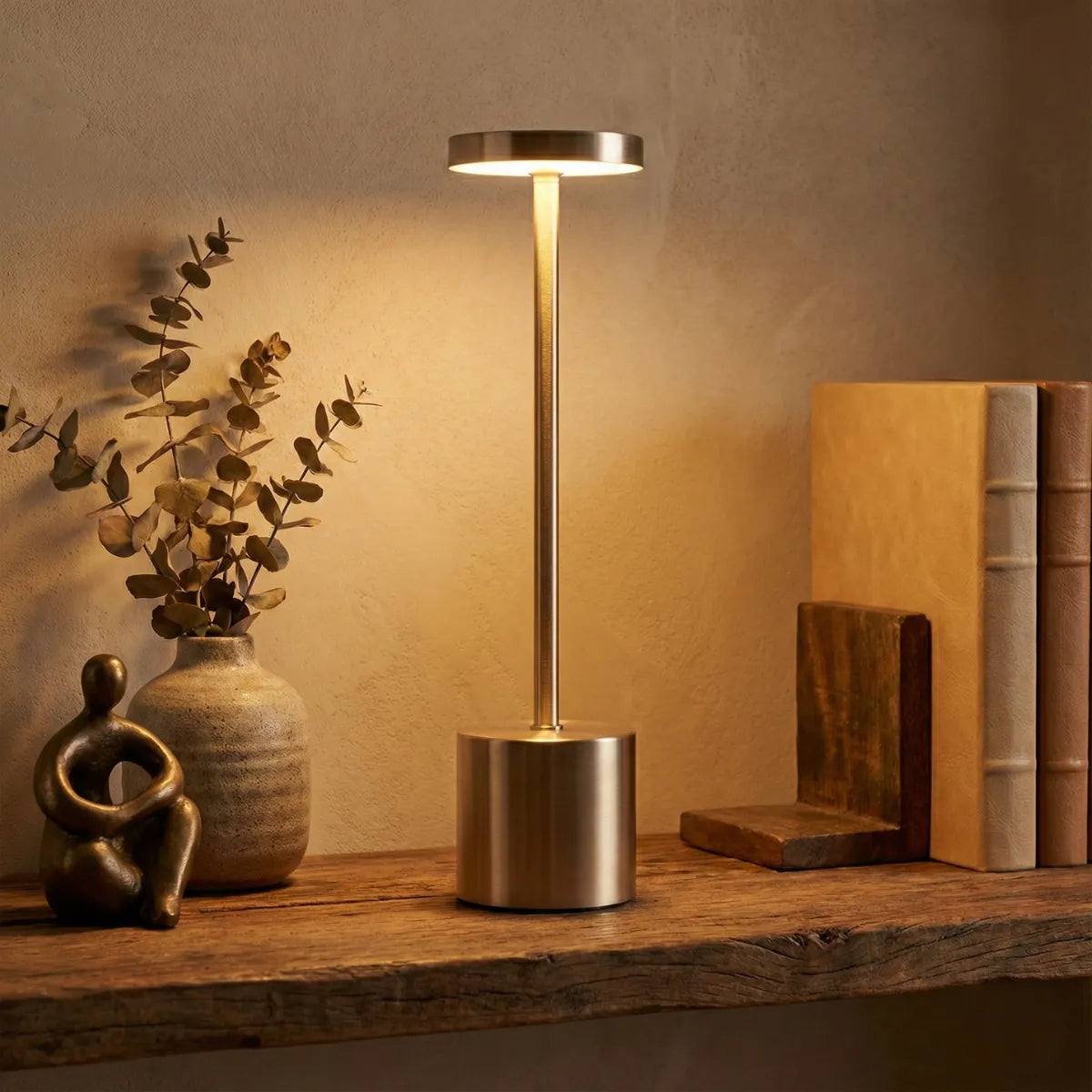 Luminária portátil Allure Champagne decorando prateleira de madeira com livros e esculturas em ambiente com luz indireta acolhedora.