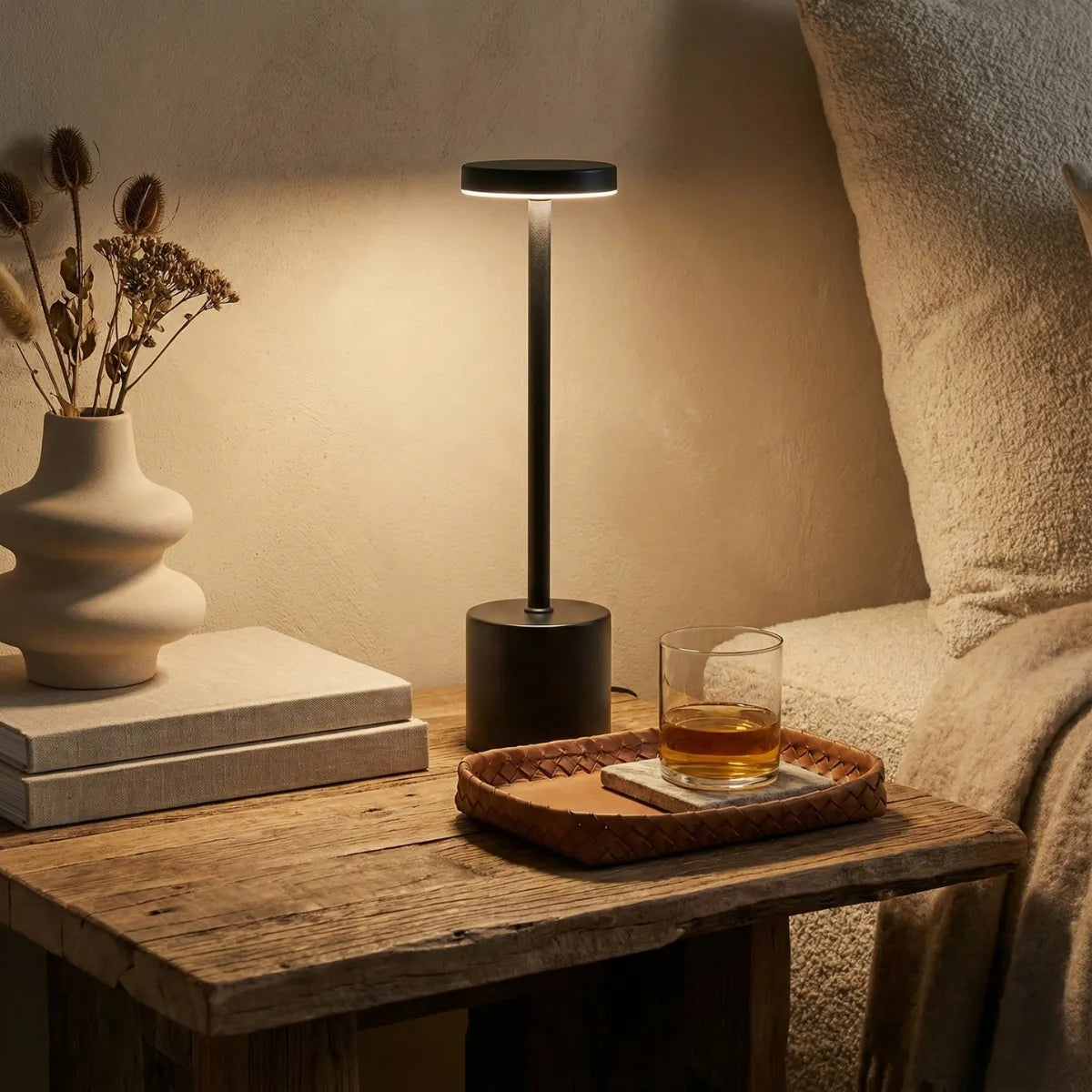 Cantinho de leitura sofisticado com luminária de mesa preta sobre mesa lateral rústica, ao lado de copo de whisky e livros.