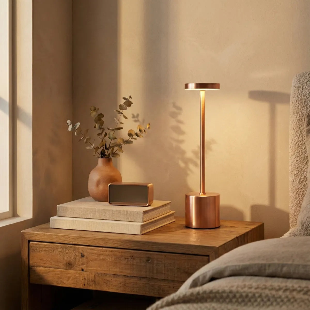 Luminária de mesa moderna Rose Gold na mesa de cabeceira, criando iluminação suave em quarto de casal aconchegante.