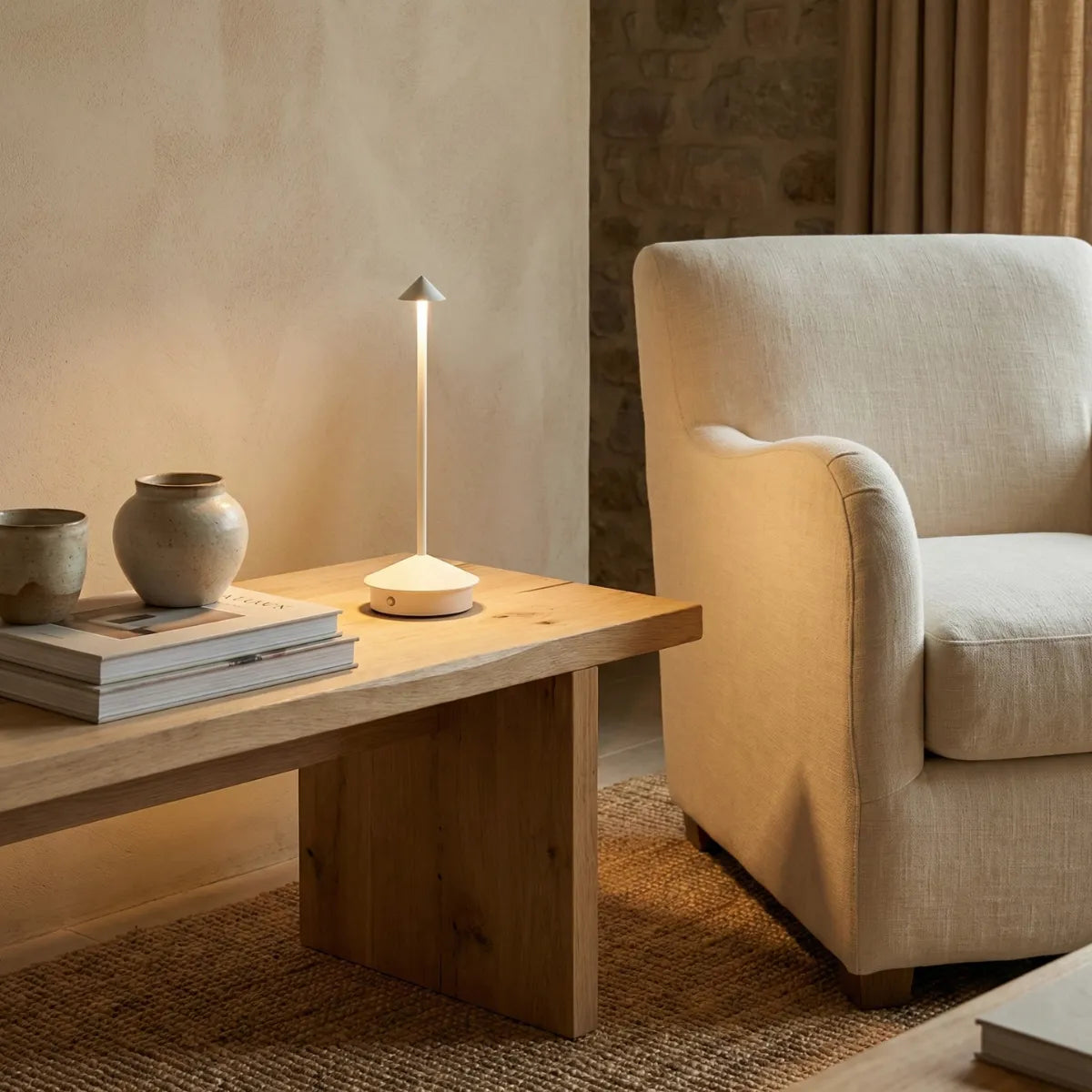 Luminária de mesa decorativa Apollo branca iluminando cantinho de leitura com poltrona clara e mesa de madeira rústica.