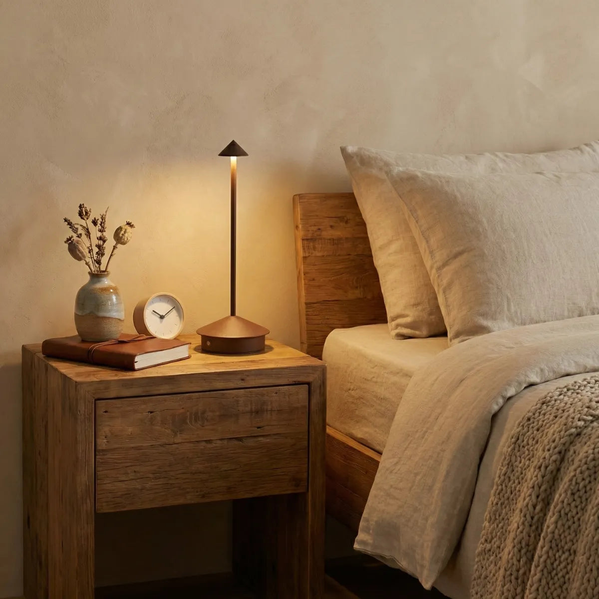 Luminária de cabeceira Apollo marrom em mesa de apoio de madeira ao lado de cama com roupa de linho em quarto relaxante.